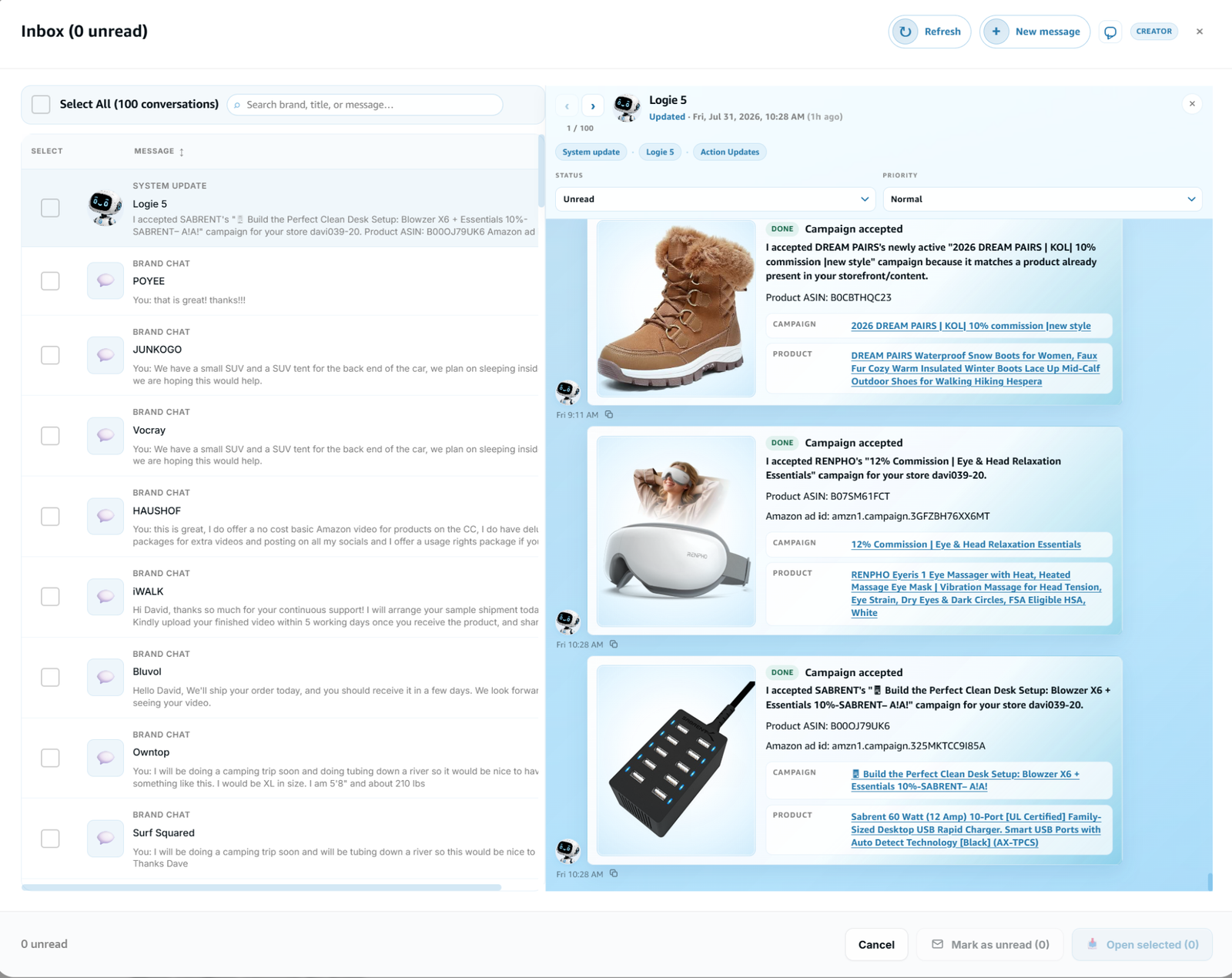 Logie5 inbox with brand chats and campaign acceptance updates