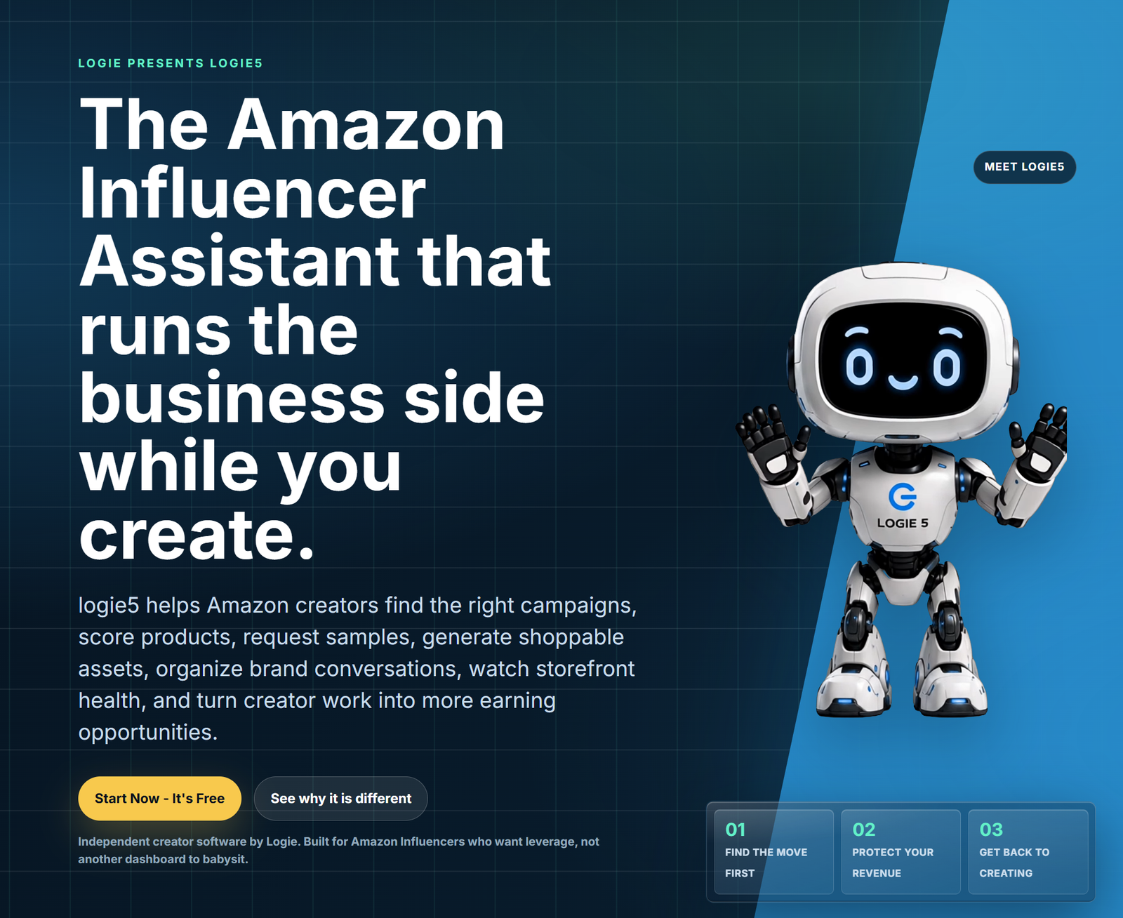 Logie5 landing page describing the Amazon Influencer assistant