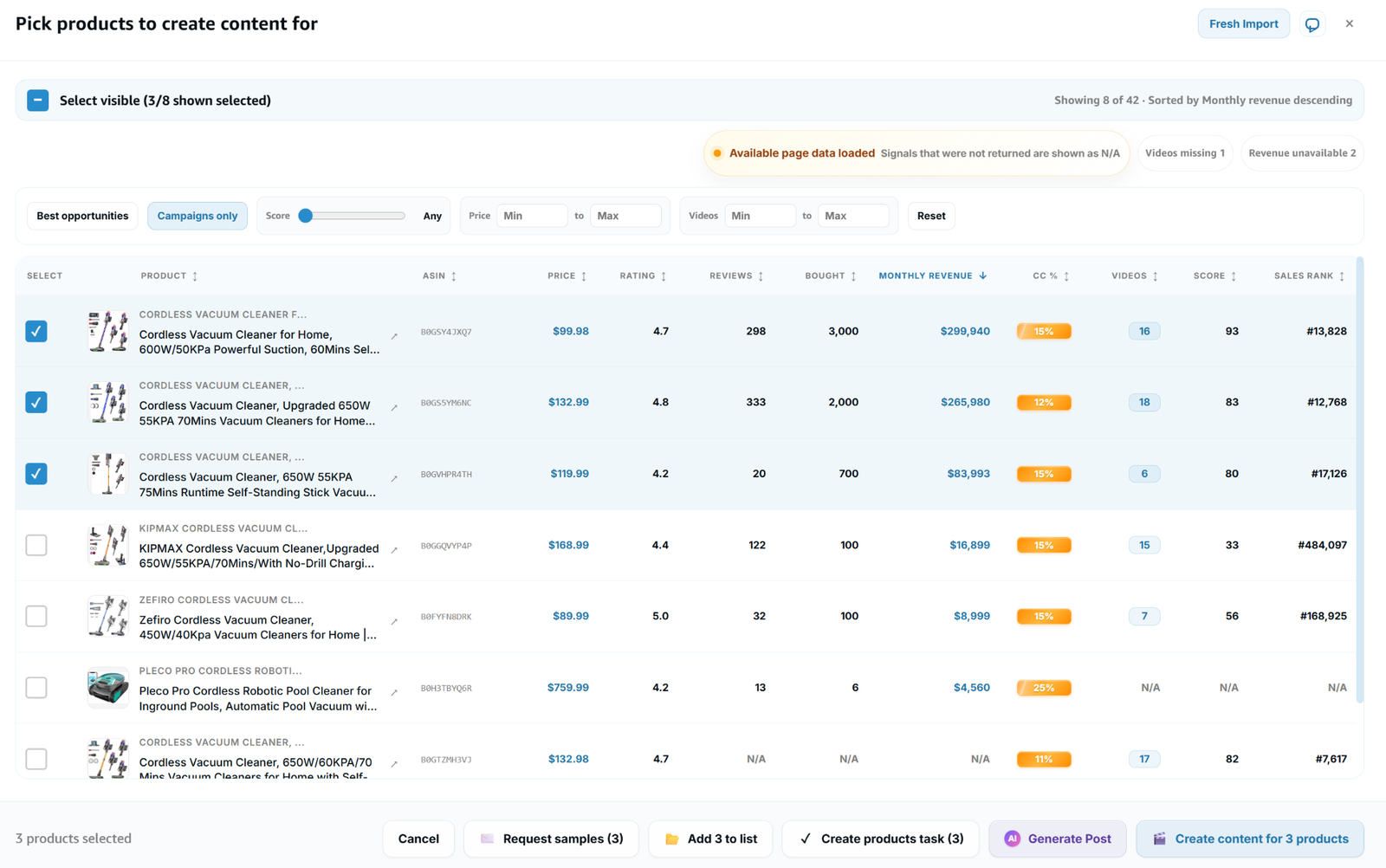 Logie5 product selection and bulk action screen