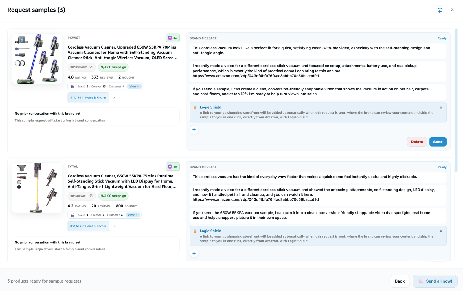 Logie5 AI-assisted sample request messages